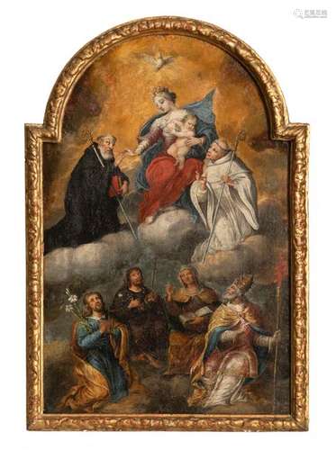 Northern Italy. 17th and 18th centuries. 58 by 40 cm. Sacra Conversazione with Saints Augustine and Bernard on a bank of clouds, including four saints. Oil/Lwd./Lwd. Provenance: From old South German private property. Aged, rest.