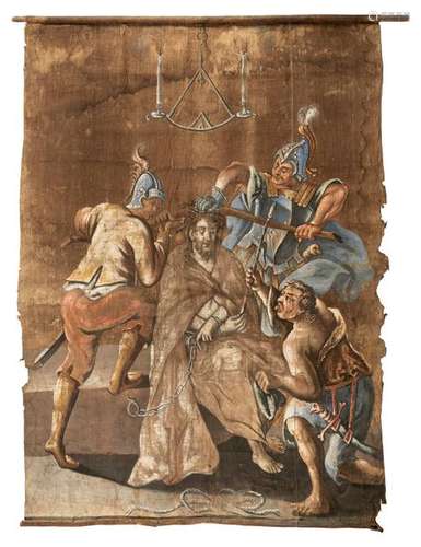 Lenten cloth. 18th century. Approx. 192 x 150 cm. Thorn crowning and mocking Christ. Oil/swd. Without stretcher frame. Provenance: Collection Reck, Tettnang. senile