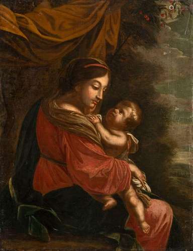 Vouet, Simon (successor). Paris 1590 - 1649. 89 x 69 cm, o.R. The Madonna with the Christ Boy against landscape background. Oil/Lwd./Lwd. Rest.