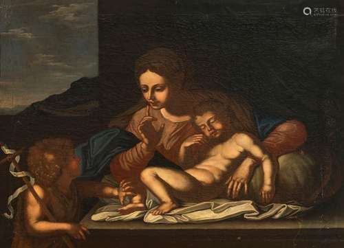 Hertz, Johann. 1693 - 1754, worked in Augsburg. 60 x 75 cm. The Madonna with the Christ and John boy. Oil/liquid, signed and dated on the canvas on the reverse: 