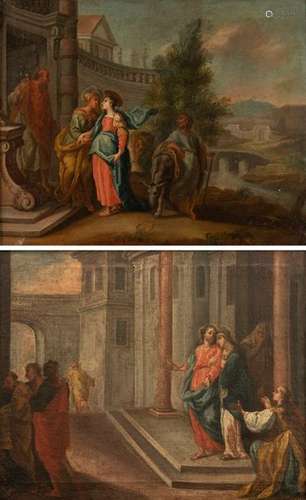 Southern Germany. 18th century. 40 by 49 cm. The haunting. Christ's farewell to his mother. Counterparts. Oil/swd. Provenance: Collection Reck, Tettnang.