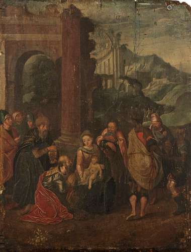 Flemish school. 17th century. 37 x 28 cm,o.R. The Adoration of the Kings. Oil/wood. Aged, rest.