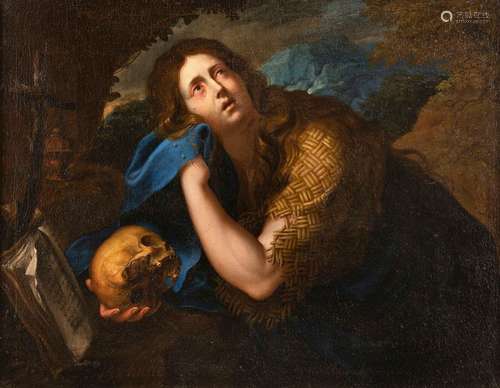 Chasse, Barthélémy. Naples about 1660 - Marseille 1720. 86 x 112 cm. The penitent Mary Magdalene. Oil/liquid, signed lower left. Barthélémy Chasse (probably a Frenchized form of Sciascia), who was active in Marseilles from 1689/1690 and who came from Naples, is influenced by the work of Juseppe de Ribera and the Neapolitan works of Caravaggio. A representation of the Wonderful Fish Train (with fish still lifes) also reveals an influence of Giuseppe Recco. Chasse worked mainly for the local convents, brotherhoods and also for the Archbishop Henri Francois de Belsunce, whose court painter he was from 1711 and for whom he executed monumental paintings for his episcopal palace and his castle in Aubagne. In addition to the large formats, which he sometimes created together with the Spanish painter Michel Serre, he also created smaller, signed paintings for private clients, to which the present work can also be counted. With an expert opinion by Dr. Mina Gregori, Florence (photocopied).