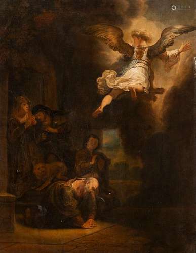 Rembrandt, Harmensz. van Rijn (after). Leiden 1606 - Amsterdam 1669. 68 x 52 cm. The archangel Raphael leaves the family of Tobias. Oil/Lwd./Lwd. After Rembrandt's painting in the Louvre, Paris.