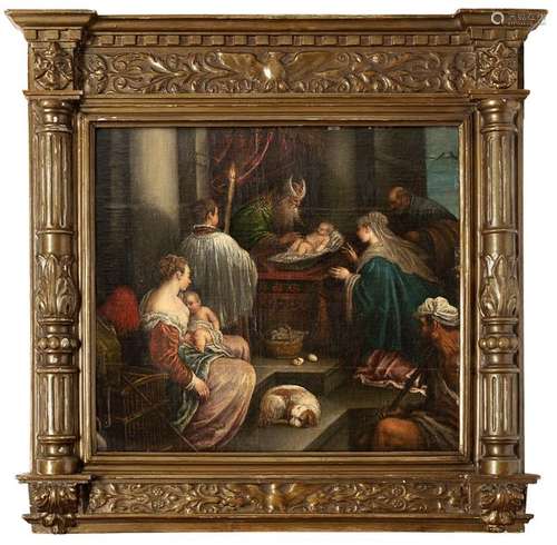 Bassano, Leandro (successor). Bassano 1557 - Venice 1622. 47 x 50 cm. The circumcision of Christ. Oil/wood, parquetry on the back. On the reverse various old labels, including the inventory label of the House of Habsburg 