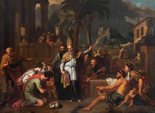 Janssens, Victor Honoré. Brussels 1658 - 1736. 162 x 215 cm. Saint Nicholas in Cilicia. Oil/Lwd./Lwd., signed lower right. The influence of classicism propagated by Nicolas Poussin is noticeable in Janssens' Arcadian mythological landscapes and is also clearly evident in his major religious works. Provenance: Until 1866, the painting hung in the Austrian legation at the German Bundestag in Frankfurt, from where it passed into the ownership of the Counts of Condenhoven. The uncle of the current owner acquired it from the von Condenhoven family in 1966.