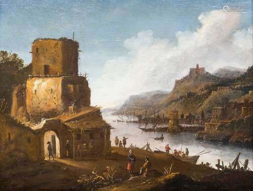 Stuck, Dirck. Active 1631 - 1664 in Haarlem and Leiden. Twenty-seven by thirty-five inches. Wide river landscape with numerous ships and figures, in the foreground tower-like building with an inn. Oil/wood, monogrammed lower right. Rest.