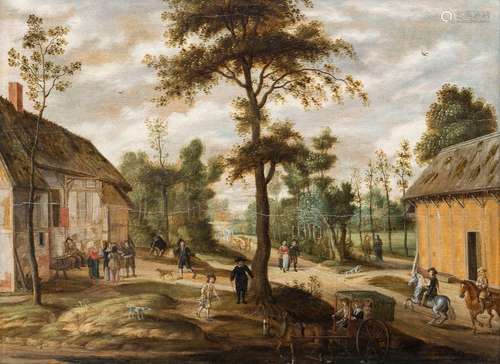 Oosten, Isaac van. Antwerp 1613 - 1661. 42 x 56 cm. Lively bustle on a village road. Oil/wood, parquetry on verso, signed lower right. Aged, rest.