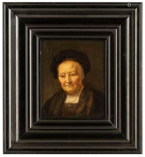 School of Amsterdam. Around 1700. 20 by 17 cm. Tronie of an old woman with dark hood and dark coat with fur trimming. Oil/wood.