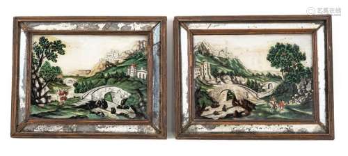 SOME REVERSE GLASS PAINTINGS, SOUTH... 18TH CENTURY, LANDSCAPE WITH FIGURES. 13 X 17.5 CM.