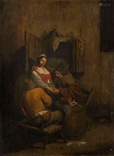 Bega, Cornelis Pietersz. (attr.). Haarlem 1631 - 1664. 35 x 26 cm. Scene at the inn. Oil/wood.