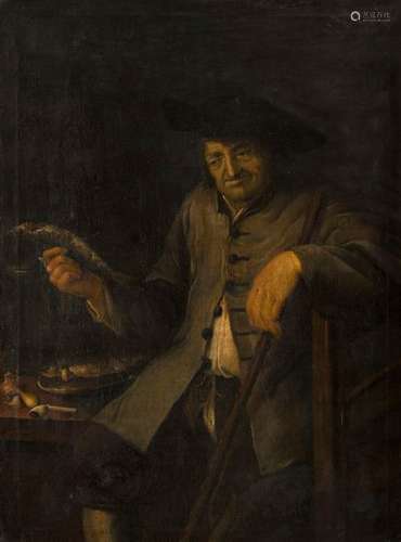 Germany. First half of the 18th century. 120 x 90 cm. Portrait of an elderly gentleman at the kitchen table with fishes. Oil/flood, bottom left inscribed 