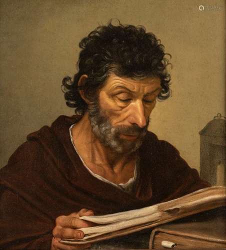 Francanzano, Francesco (district). Monopoli 1612 - Naples 1656. 48 x 45 cm. The philosopher Diogenes of Sinope. Oil/Lwd./Lwd. The philosopher portrayed as a bust is immersed in a tome. Next to him at the edge of the picture a lantern as a reference to the legend that he walked in broad daylight with one in his hand across the market of Athens because he wanted to look for a person.