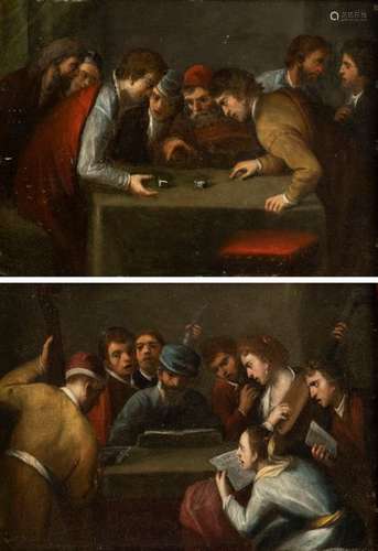 Rossi, Pasquale de'. Vicenza 1641 - Rome 1722. 32 x 24 cm. Making music. At craps. Counterparts. Oil/copper. The paintings are listed and illustrated in : Anna Maria Ambrosini Massari/Angelo Mazza (ed.), Pasqualino Rossi 1641-1722, Grazie e affetti di un artista del Seicento, Milan 2009, pp. 136/137.