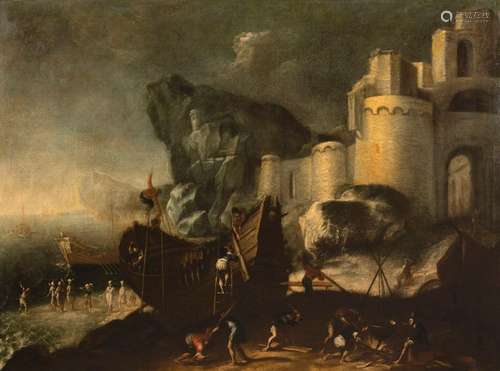 Tassi, Agostino (attr.). Perugia 1565 - Rome 1644. 100 x 135 cm. Shipyard with numerous figures in a bay below a fortification on a rocky coast. Oil/Lwd./Lwd. Provenance: From old South German private property. Rest.