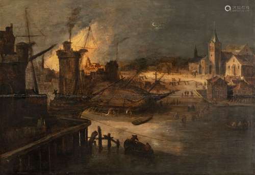 Hail, Daniel van (attr.). Brussels 1604 - 1662. 46 x 66 cm. Shipyard at a harbour with a nightly conflagration. Oil/wood. Provenance: From old South German private property. Aged, rest.