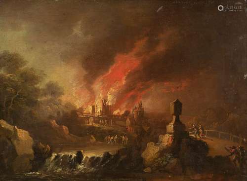 Trautmann, Johann Georg (attr.). Zweibrücken 1713 - Frankfurt am Main 1769. 21 x 29 cm. River landscape at night castle fire. Oil/wood. Provenance: From a large southern German private collection.