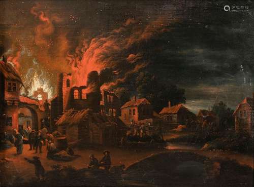 Trautmann, Johann Georg. Zweibrücken 1713 - Frankfurt am Main 1769. 23 x 30 cm. Nocturnal conflagration in a small town. Oil/wood. With an expert opinion by Ellen Bernt, Munich 1982 (as photocopy). Provenance: From old South German private property.