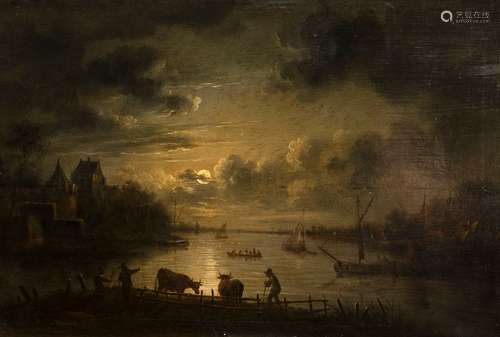 De Wouters, Jan Ludewick (attr.). Ghent 1731 - 1787. 40 x 57 cm. Canal landscape by moonlight. Oil/wood, inscribed lower left. Provenance: From old South German private property.