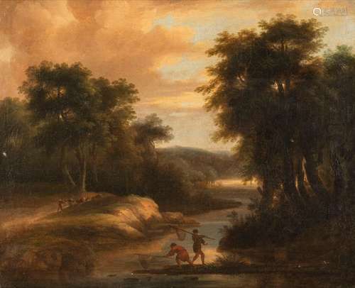 Gellée, Claude dit Le Lorrain (district). Chamagne 1600 - Rome 1682. 46 x 56 cm. River landscape with fishermen in the evening light. Oil/lacquered, reverse lacquer seal with bishop's coat of arms, probably going back to Francois Honoré Grimaldi (1669-1748), Jean-Charles Grimaldi d'Antibes (1705-1770) or Louis-André Grimaldi d'Antibes (1736-1804). Provenance: From old South German private property.