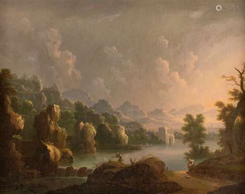 Bemmel, Johann Christoph (attr.). Nuremberg 1717 - Bamberg 1788. 80 x 100 cm. Ideal river landscape with figure staffage. Oil/Lwd./Lwd. Rest.