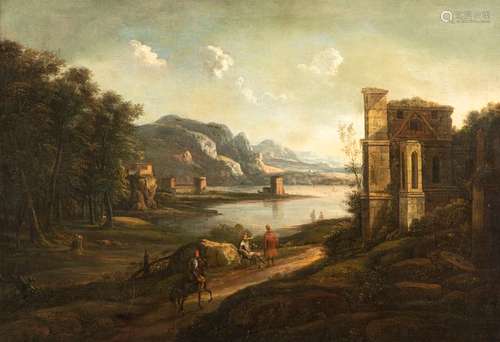 Bemmel, Wilhelm von (district). Utrecht 1630 - Wöhrd 1708. 57 x 82 cm. Wide river landscape with ruins and travellers. Oil/Lwd./Lwd. Rest.