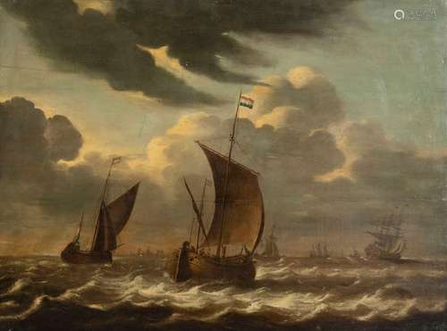 Netherlands. 17th century. 68 x 80 cm,o.R. Dutch sailing ships in moving sea in front of a town scenery. Oil/wood, parquetry on the back. Provenance: From old South German private property. Aged, rest.