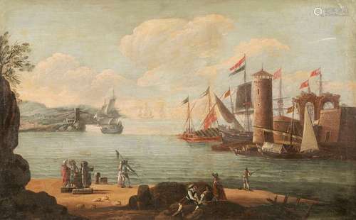 Netherlands. 17th and 18th centuries. Seventy-five by 117 cm. View of a Mediterranean seaport with numerous ships and merchants. Oil/Lwd./Lwd. Provenance: From old South German private property. Rest.