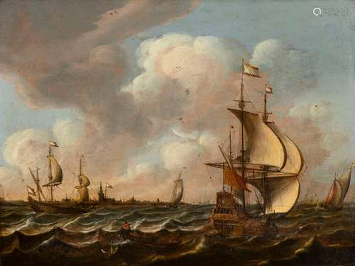 Netherlands. 17th century. 48 x 64 cm. Sailing ships in front of the city silhouette of Amsterdam. Oil/wood, on the reverse old handwritten inventory label with numbering 