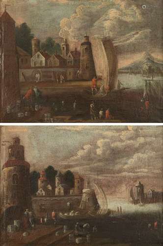 Germany. 18th century. 42 x 57 cm. Two river landscapes with architecture, boats and merchants. Oil/swd. Provenance: Collection Reck, Tettnang. Rest.