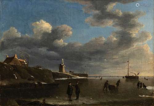 Netherlands. Second half of the 18th century. 25 x 35 cm. Winter coastal landscape with cloudy skies. Oil/Lwd./Lwd. Provenance: From old South German private property.