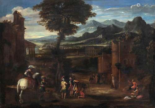 Zampieri, Domenico gen. Domenichino (attr.) and/or viola, Giovanni Battista (attr.). Bologna 1581 - Naples 1641 and Bologna 1576 - Rome 1662. 80 x 112 cm. Italian ideal landscape with the martyrdom of Saint Sebastian, in the background Roman ruins such as the Acquedotto Romano and the Colosseum. Oil/liquid, on the reverse old inventory labels 