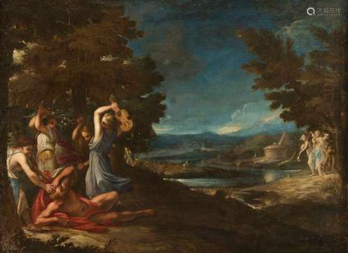 Viola, Giovanni Battista (attr.). Bologna 1576 - Rome 1662. 70 x 96 cm. Arcadian landscape with Orpheus and the maenads. Oil/Lwd./Lwd. Provenance: From South German aristocratic property. Rest.