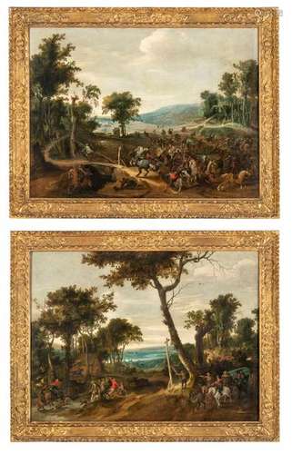 Snayers, Peter. Antwerp 1592 - Brussels 1667. 75 x 100 cm. A hunt in a river landscape. A battle in a hilly landscape. Counterparts. oil/floodwheat, the slaughter scene monogrammed on the rising mould. The Flemish battle and hunting painter Peter (also Pieter) Snayers was a pupil of Sebastian Vrancx, who had been working in Antwerp since 1600 and under whose strong influence his early works are. In 1628 he was called to Brussels as court painter and subsequently became the official battle painter of the House of Habsburg. He became famous for his large-scale battle cycles, which he produced for the Spanish court, for Archduke Leopold Wilhelm, for Count Bonaventura of Bucquoy and for the Italian general Octavio Piccolomini. He also worked with Peter Paul Rubens on numerous projects. His most important pupil was Franz Adam van der Meulen, his successors are Pieter Meulener and Simon Johannes van Douw.