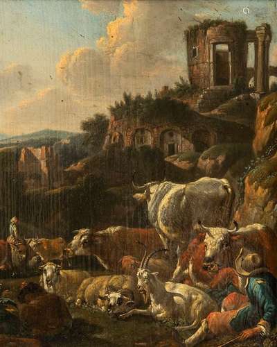 Roos, Johann Heinrich (successor). Reipoltskirchen 1631 - Frankfurt am Main 1685. 26 x 22 cm. Italian landscape with animals, shepherds and ruins. Oil/wood.