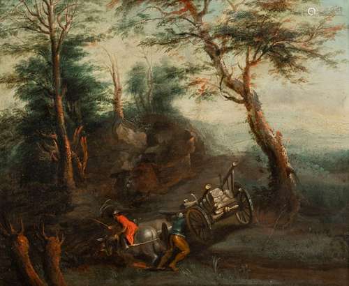 Flemish school. 17th century. Twenty-nine by thirty-five inches. Two farmers with a horse cart in a rocky landscape. Oil/wood.