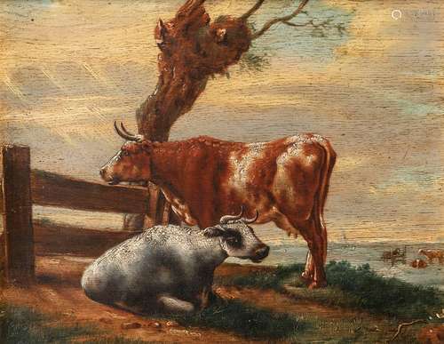 Potter, Paul (successor). Enkhuizen 1625 - Amsterdam 1654. 28 x 35 cm. Cows at the pasture fence. Oil/wood.