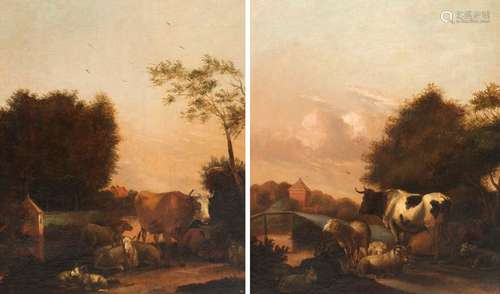 Klomp, Albert Jansz. Amsterdam 1618-1688. 42 x 35 cm. Two evening landscapes with herd of animals. Counterparts. Oil/wood, both signed. Rest.