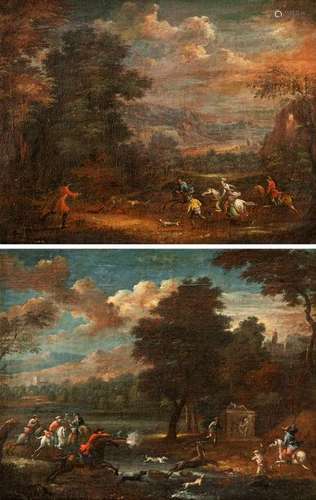 Netherlands. 17th century. 22.5 x 28 cm. A couple of hunting scenes. Counterparts. Oil/Lwd./Lwd. Rest.