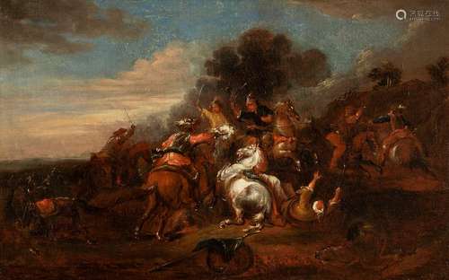 Courtois, Jacques gen. Il Borgognone (district). St. Hippolyte 1621 - Rome 1676. 38 x 60 cm. Equestrian battle between imperial and Ottoman troops. Oil/Lwd./Lwd. Provenance: From old South German private property.