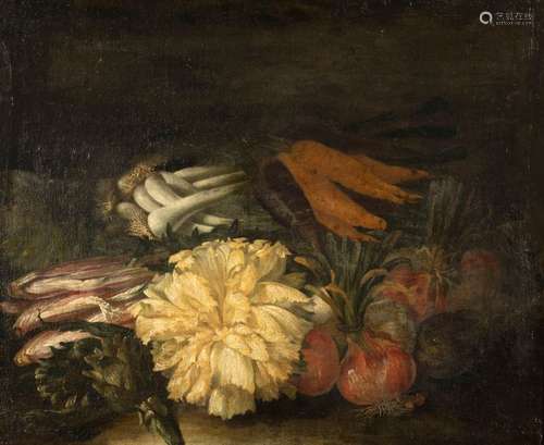 Italy. 17th century. 62 x 75 cm. Vegetable still life with onions, artichokes, chicory, carrots, spring onions and salad Oil/Lwd./Lwd. Provenance: From old German aristocratic property. Rest.