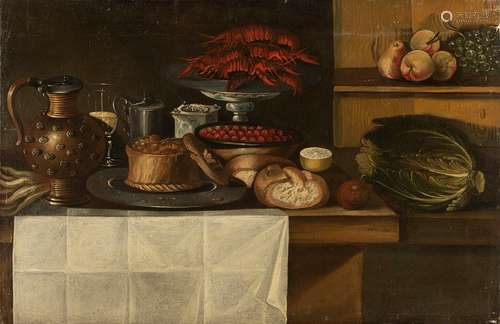 Germany. 17th century. 68 x 106 cm,o.R. Kitchen still life with pâté, crayfish, bread rolls, fruit and cabbage Oil/Lwd./Lwd.