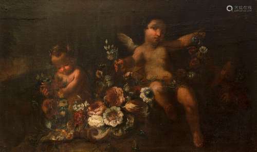 Tamm, Franz Werner von (district). Hamburg 1658 - Vienna 1724. 81 x 138 cm. Putti with flower garland on a stone cartouche. Oil/wood. Provenance: German private collection. Rest.