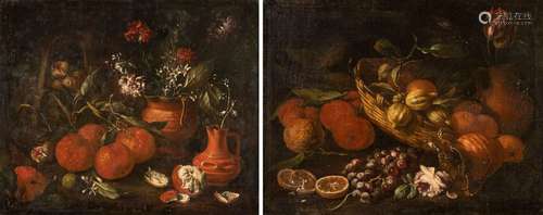 Realfonso, Tommaso. Naples about 1677 - after 1743. 63 x 76 cm. Still life with oranges, lemons and grapes. Still life with oranges, figs and flowers. Counterparts. Oil/Lwd./Lwd., the first signed lower left. Provenance: German private collection. The artistic career of Realfonso has only recently been explored. Until 1692 he was a pupil of Andrea Belvedere, who influenced him as much as the naturalism of Giovan Battista Recco and Giovan Battista Ruoppolo. What is impressive in Realfonso's work is the attention he pays to the reproduction of the naturalness of the representation, which he achieves through careful study of light and the juxtaposition of light and dark. These solutions can be seen as parallels to the experiences of Francesco Solimena and, in various respects, as precursors of the artistic expression of Gaspare Traversi and the Spaniard Luis Meléndez.