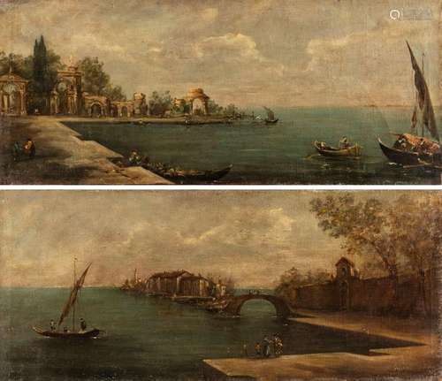 Guardi, Giacomo (successor). Venice 1764 - 1835. 44 x 105 cm. Venetian lagoon capriccio with arch architecture on a boat landing stage. Venetian lagoon capriccio with an arched bridge on an enclosure wall. Counterparts. Oil/swd.