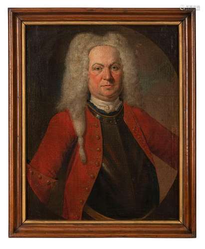 Germany. 18th century. 81 by 64 cm. Portrait of a gentleman with breastplate and red justaucorps. Oil/swd.