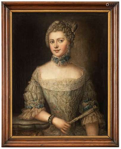 Germany. 18th century. 81 by 65 cm. Portrait of a lady with fan in grey embroidered dress. Oil/swd.