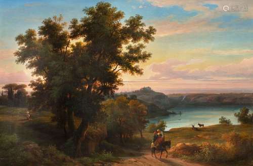 Gag, Franz. La Sarraz 1809 - Rome 1877. 70 x 102 cm. Evening landscape with shepherds at Lago Albano with view of Castel Gandolfo. Oil/Lwd./Lwd., signed and dated 1858 at lower left Provenance: Collection of the Stuttgart entrepreneur and art lover Wolfgang Osterloh. See the portrait of Wolfgang Osterloh (PDF).