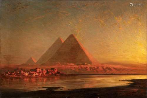 Körner, Ernst. Stibbe 1846 - Berlin 1927. 84 x 126 cm,o.R. The pyramids of Giza in the evening light. Oil on canvas, signed and dated 1910 at lower right, handwritten artist's label on the reverse.