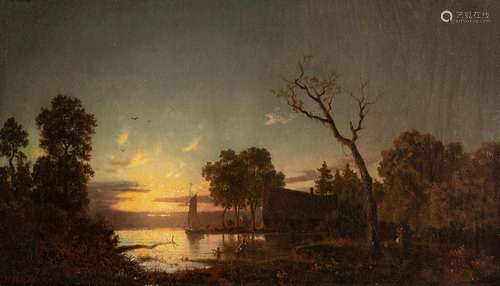 Duke, Hermann. Bremen 1832 - Philadelphia (Pennsylvania) 1932. 40 x 70 cm. Lake landscape in the evening light. Oil/liquid, signed lower left. Provenance: From old South German private property.